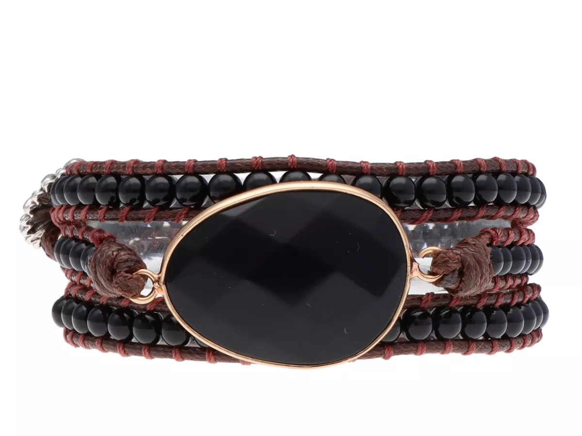 R4W87 BRANSOLETKA 2w1 ONYKS STAL CHIRURGICZNA I SZNUREK