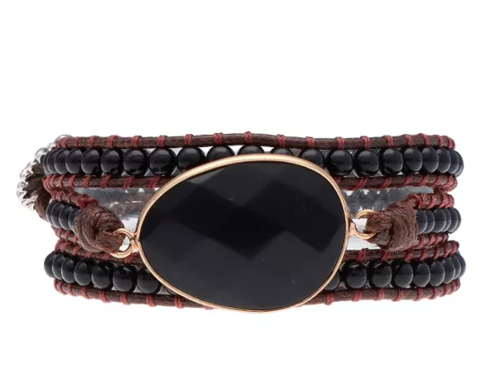 R4W87 BRANSOLETKA 2w1 ONYKS STAL CHIRURGICZNA I SZNUREK