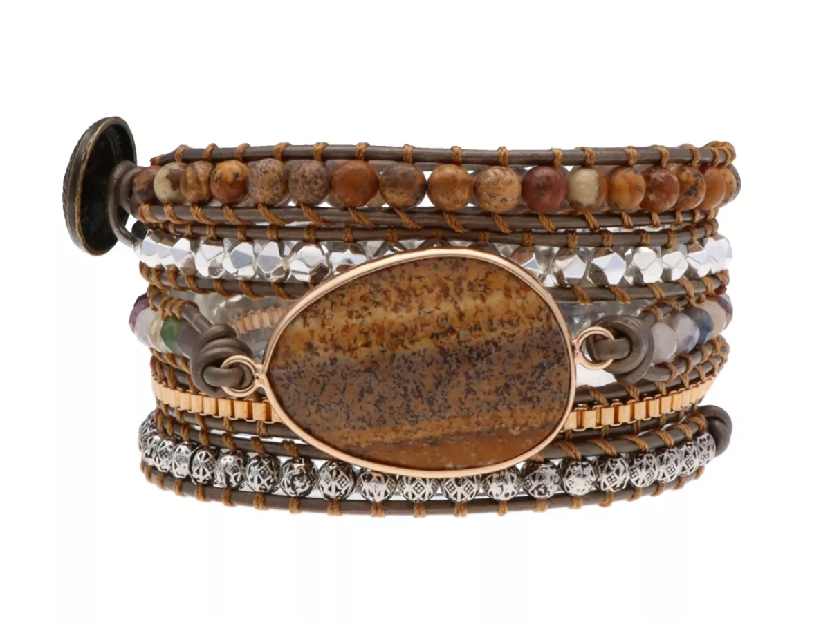 R4W65 BRANSOLETKA 3w1 MIX KAMIENI STAL CHIRURGICZNA I RZEMIEŃ