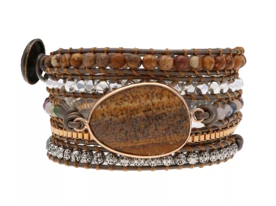 R4W65 BRANSOLETKA 3w1 MIX KAMIENI STAL CHIRURGICZNA I RZEMIEŃ