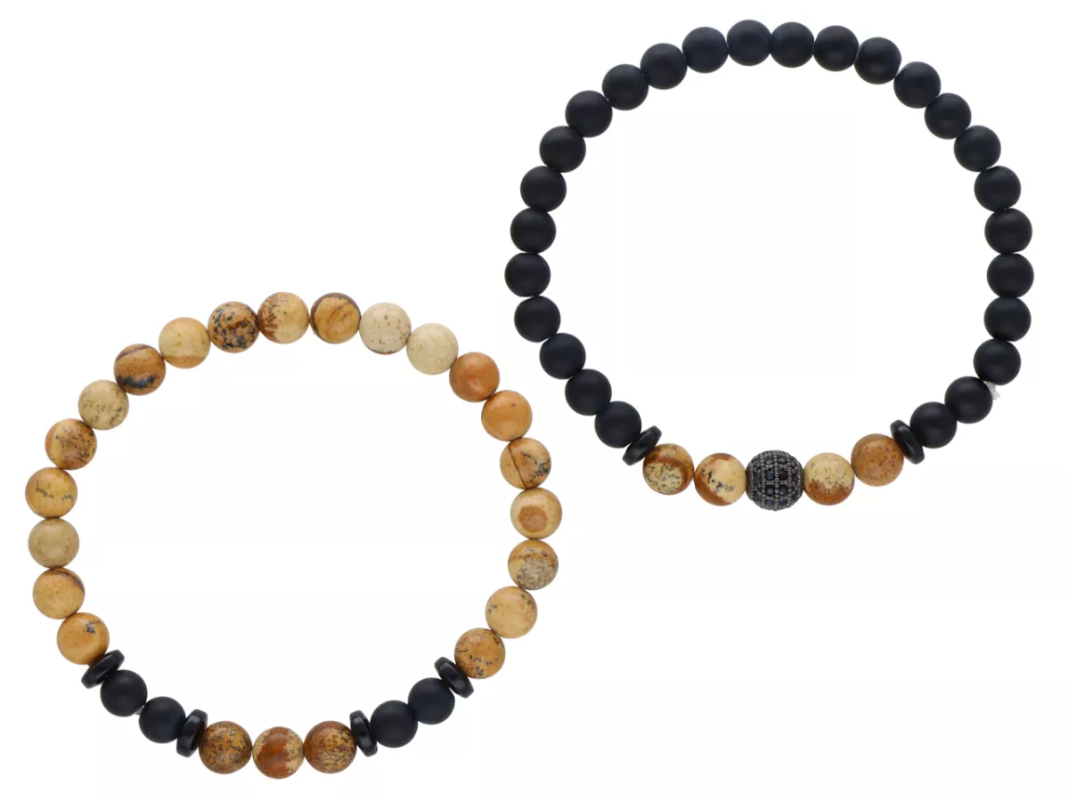 R4O28 ZESTAW BRANSOLETEK ONYKS MATOWY I JASPIS OBRAZKOWY KULE