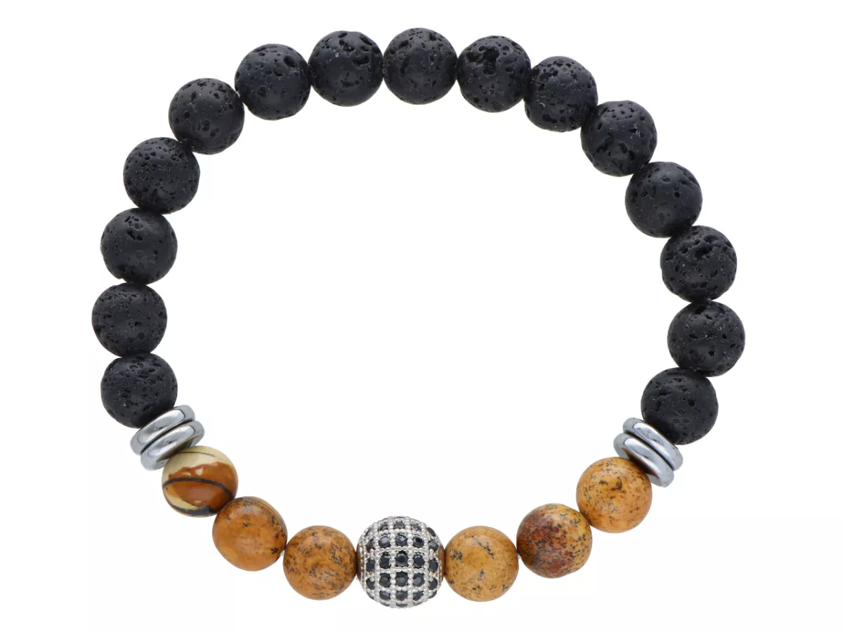 R4N79 BRANSOLETKA LAWA I JASPIS OBRAZKOWY KULE 8,5 mm