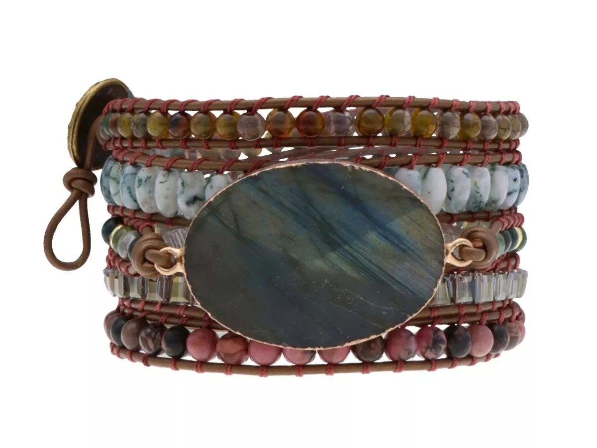 R4W62 BRANSOLETKA 3w1 MIX KAMIENI KRYSZTAŁKI STAL I RZEMIEŃ