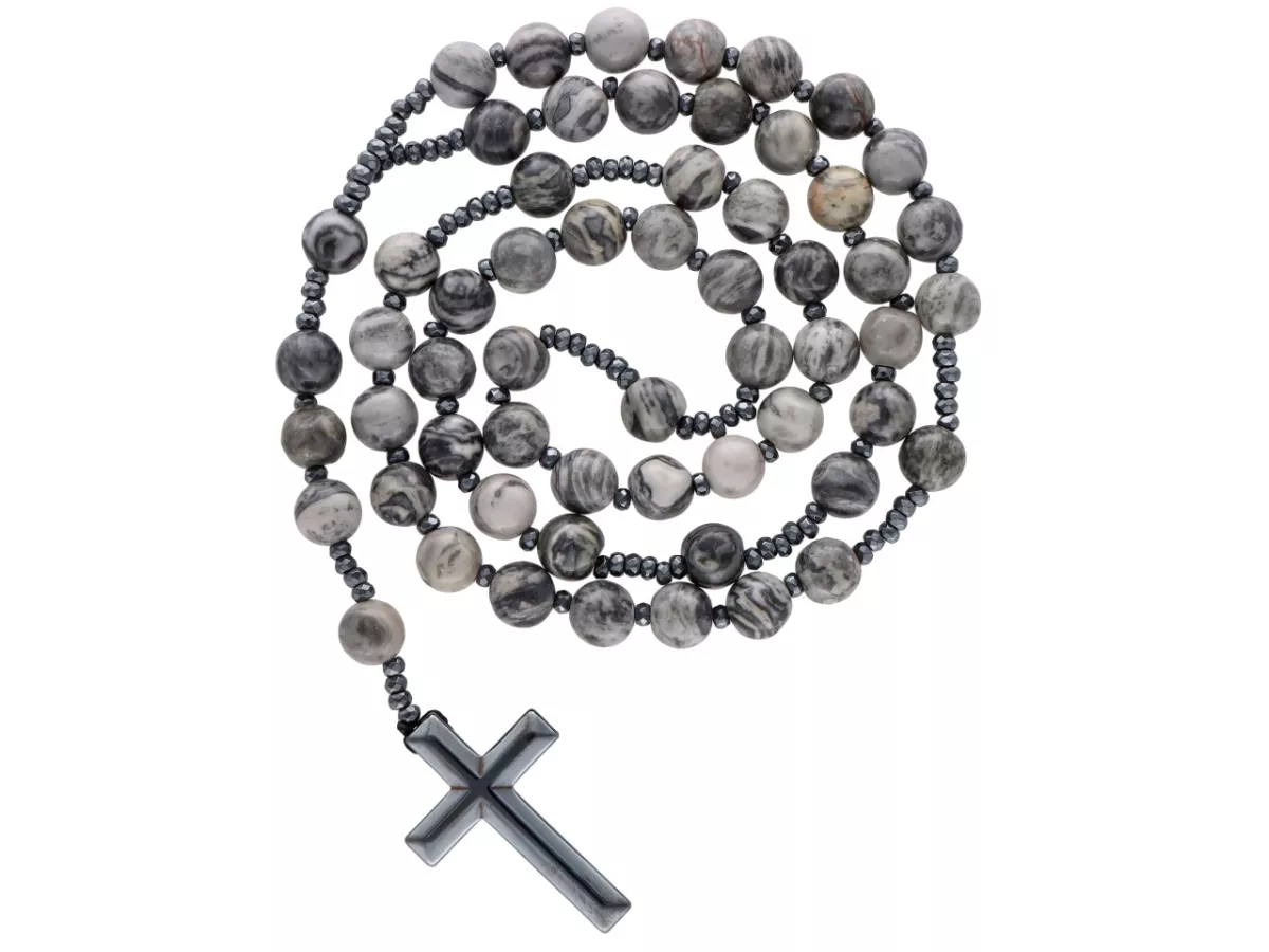 N3K88 NASZYJNIK JASPIS PICASSO SZARY KULE 8,5 mm - RÓŻANIEC