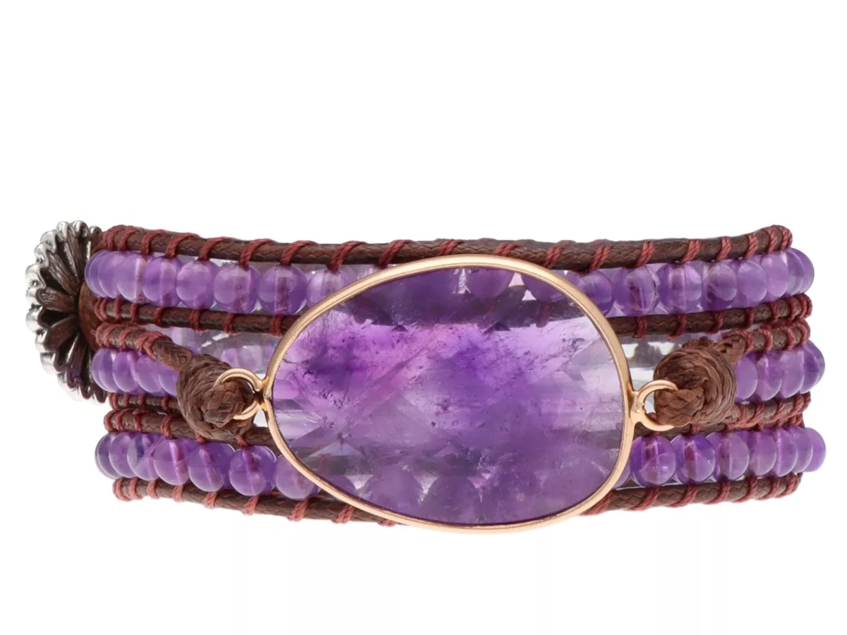 R4W86 BRANSOLETKA 2w1 AMETYST STAL CHIRURGICZNA I SZNUREK