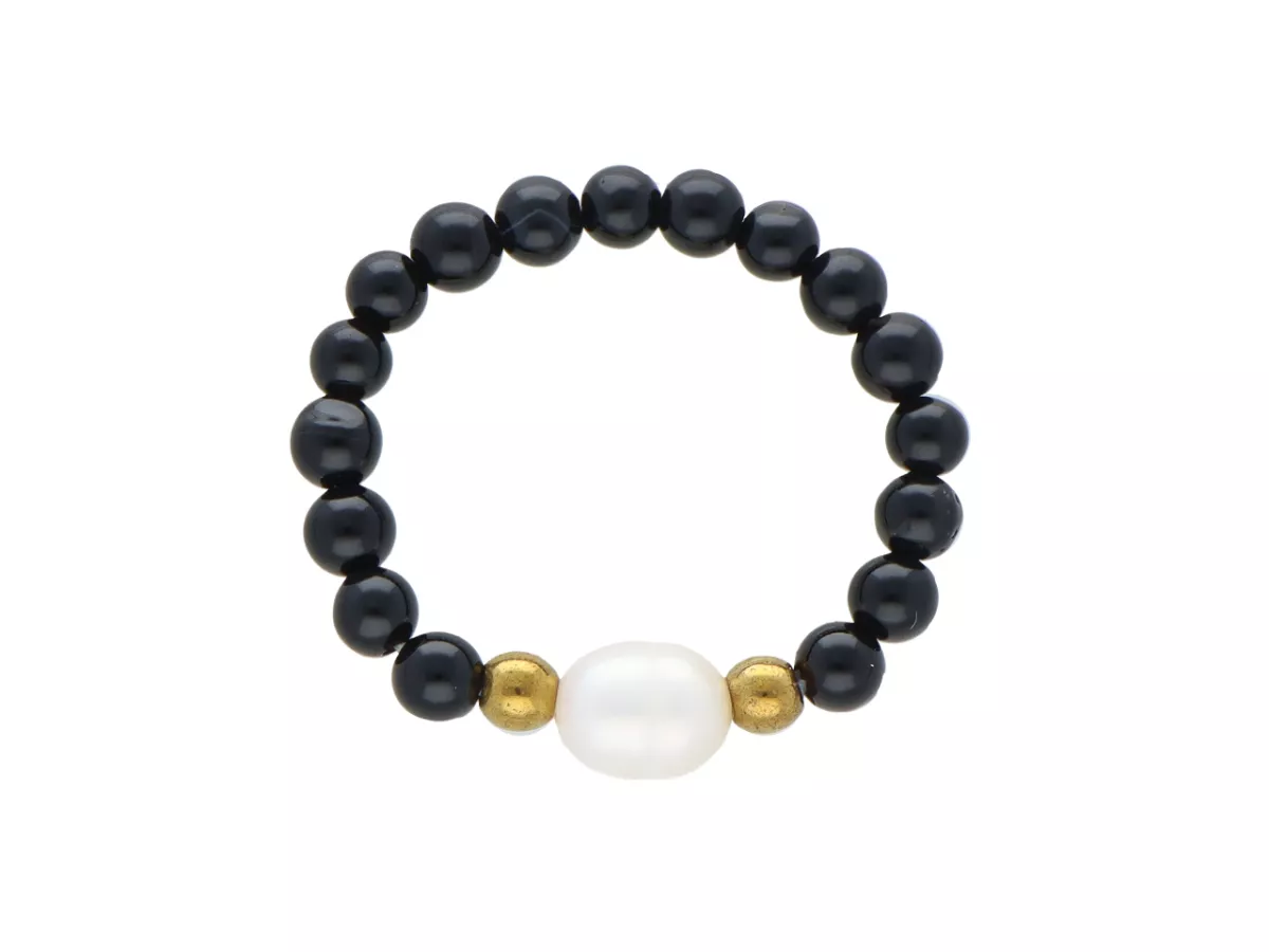 R5A80 PIERŚCIONEK ONYKS PERŁA NATURALNA I STAL CHIRURGICZNA