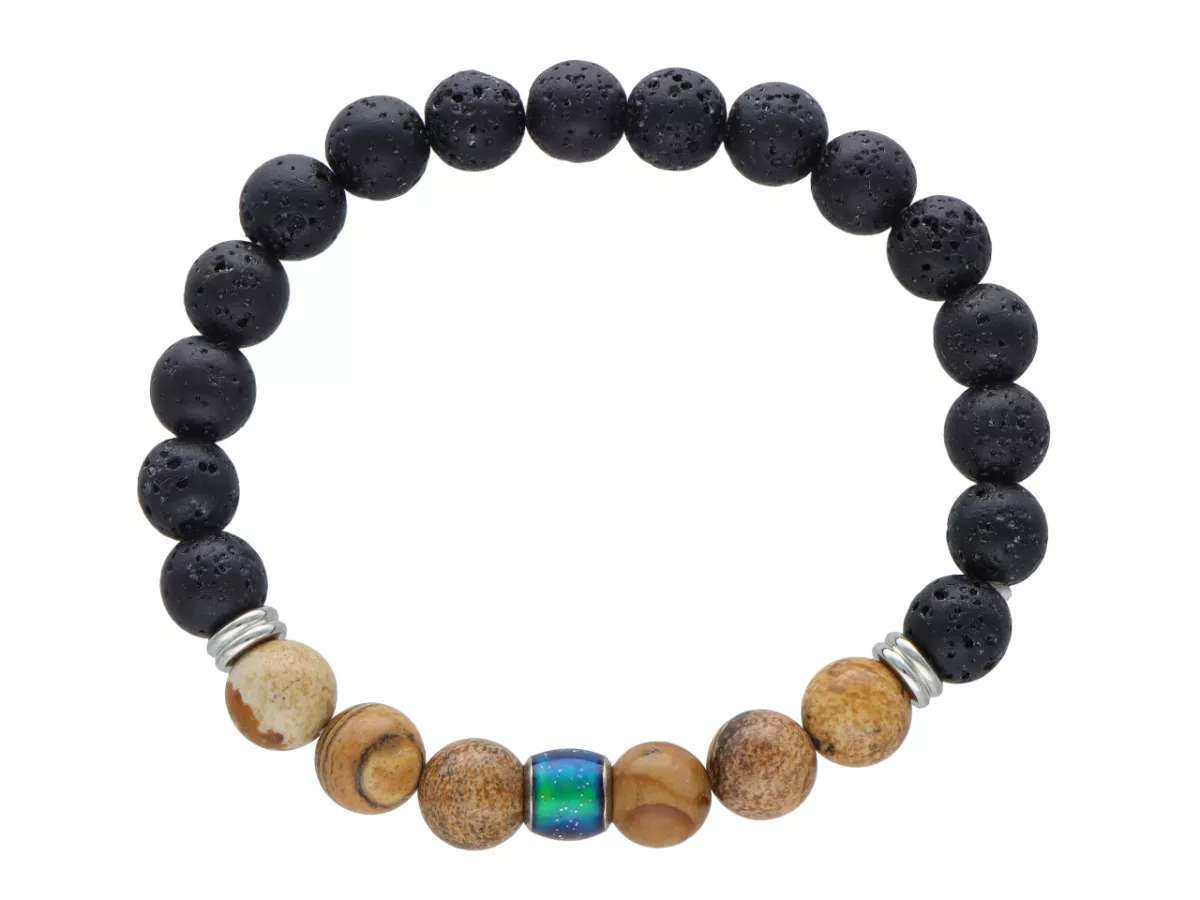 R4J71 BRANSOLETKA CZARNA LAWA I JASPIS OBRAZKOWY KULE 8,5 mm