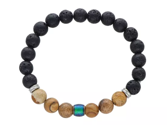 R4J71 BRANSOLETKA CZARNA LAWA I JASPIS OBRAZKOWY KULE 8,5 mm