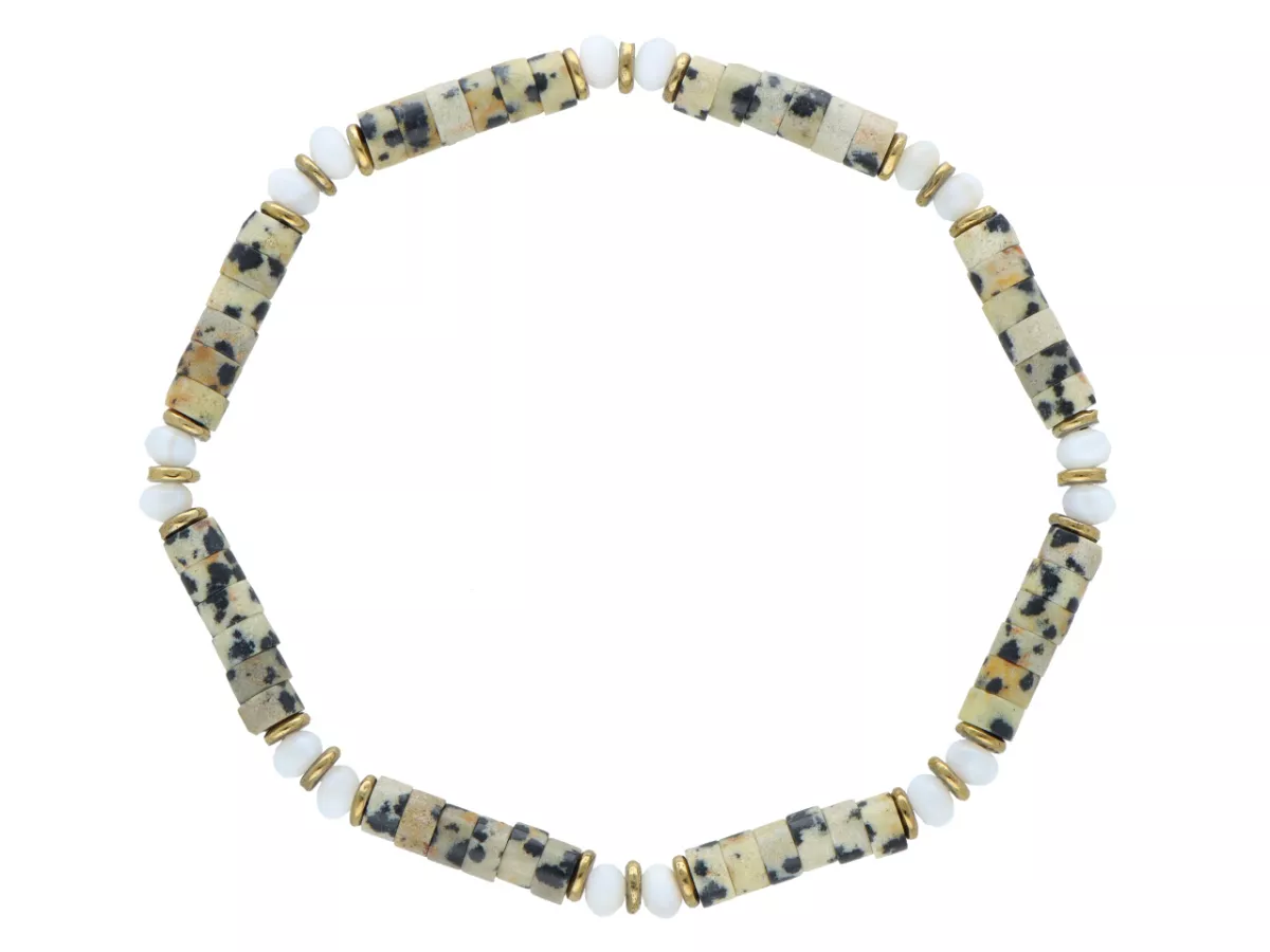 R5A34 BRANSOLETKA JASPIS DALMATYŃSKI MASA PERŁOWA I HEMATYT