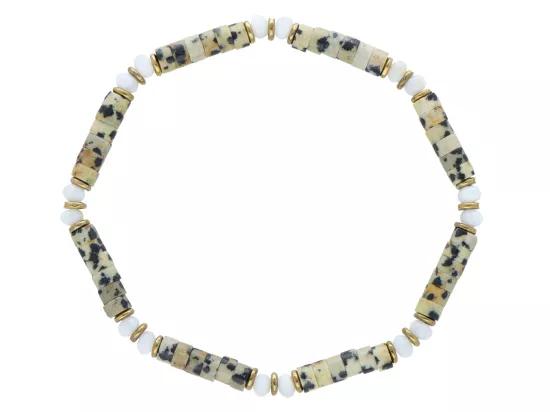 R5A34 BRANSOLETKA JASPIS DALMATYŃSKI MASA PERŁOWA I HEMATYT