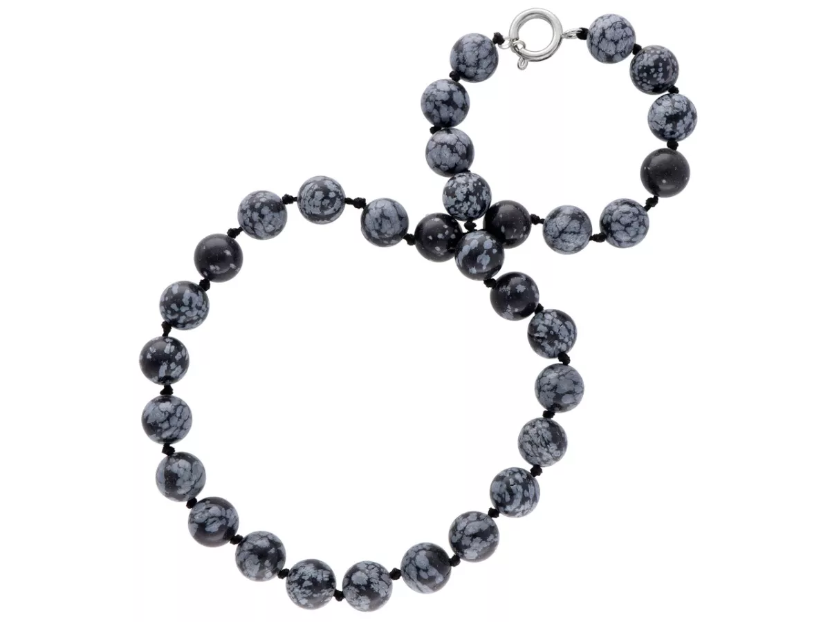 N1R70 NASZYJNIK OBSYDIAN ŚNIEŻNY KULE 12 mm