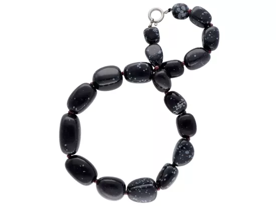 N1Z53 NASZYJNIK OBSYDIAN ŚNIEŻNY BRYŁKI