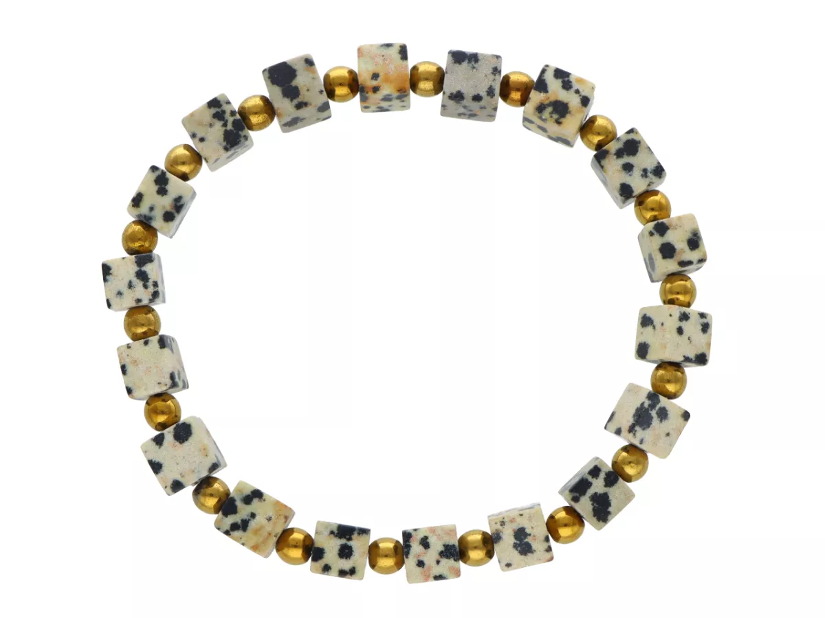 R4K57 BRANSOLETKA JASPIS DALMATYŃSKI KOSTKI 6,5 mm