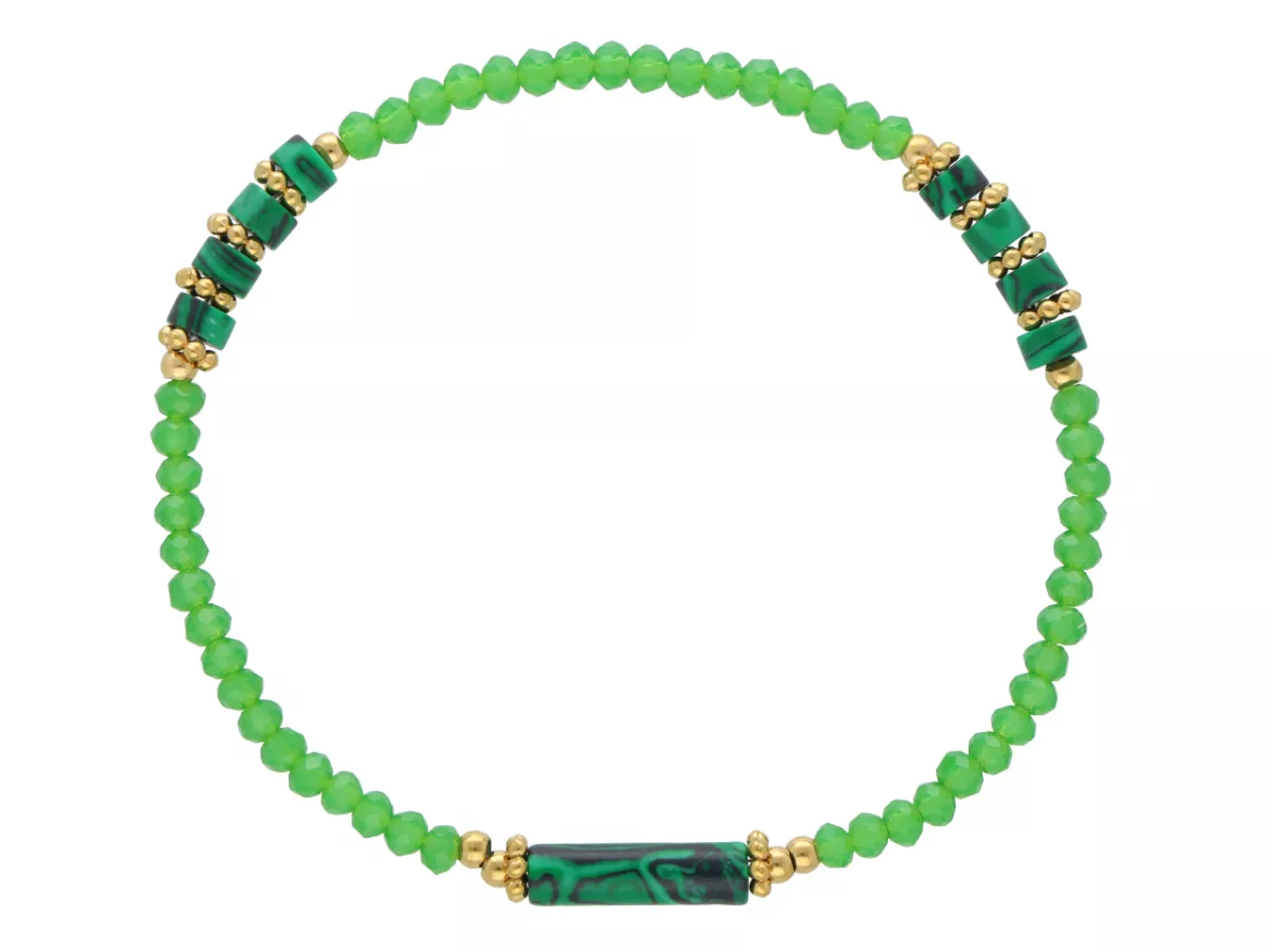 R5C85 BRANSOLETKA MALACHIT KRYSZTAŁKI I STAL CHIRURGICZNA