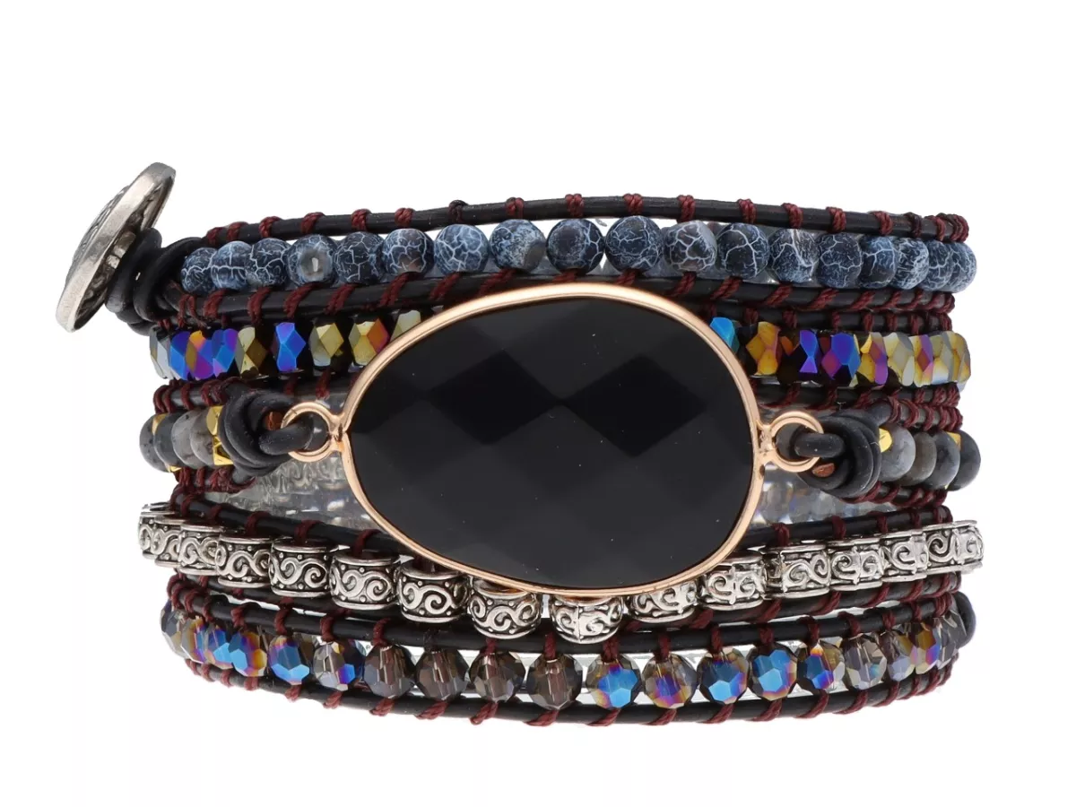 R4W84 BRANSOLETKA 3w1 MIX KAMIENI KRYSZTAŁKI STAL I RZEMIEŃ
