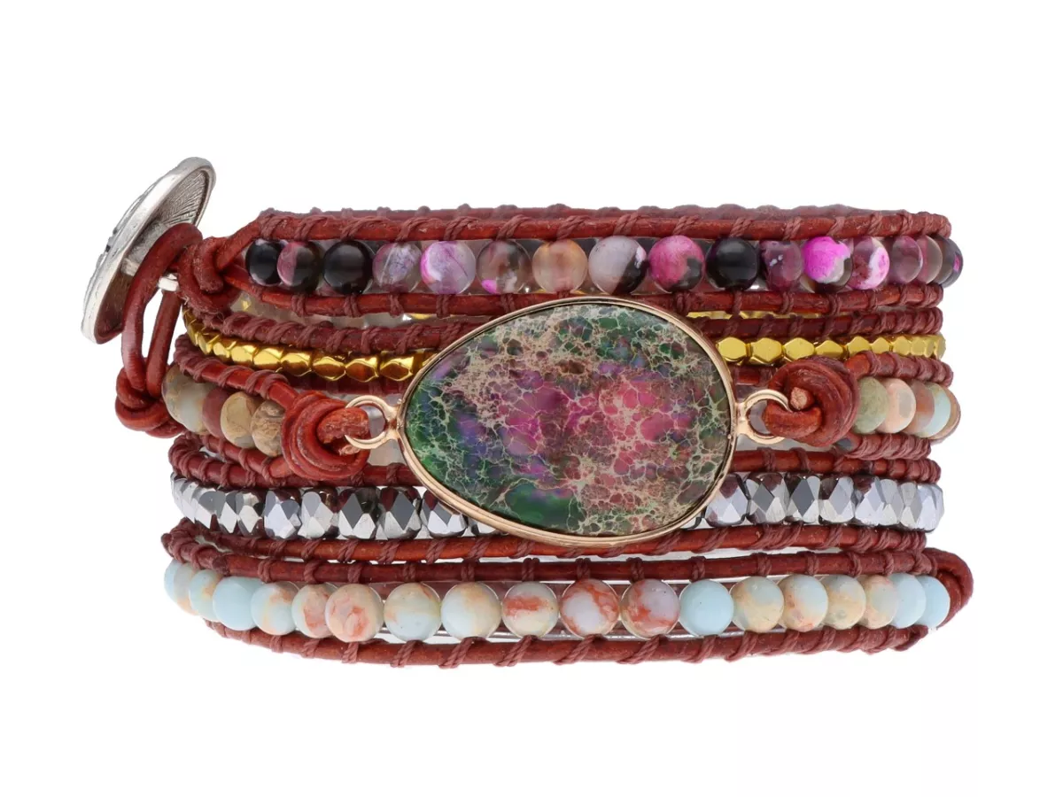 R4W69 BRANSOLETKA 3w1 MIX KAMIENI KRYSZTAŁKI STAL I RZEMIEŃ