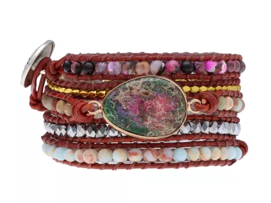 R4W69 BRANSOLETKA 3w1 MIX KAMIENI KRYSZTAŁKI STAL I RZEMIEŃ