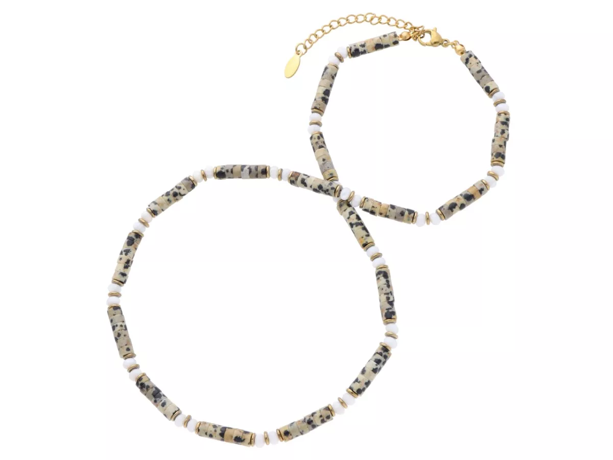 N3O06 NASZYJNIK JASPIS DALMATYŃSKI MASA PERŁOWA I HEMATYT