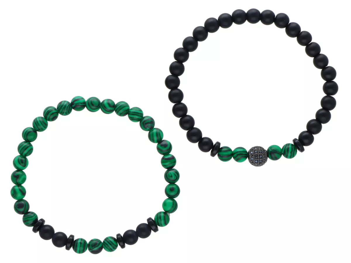 R4O31 ZESTAW BRANSOLETEK ONYKS MATOWY I MALACHIT KULE