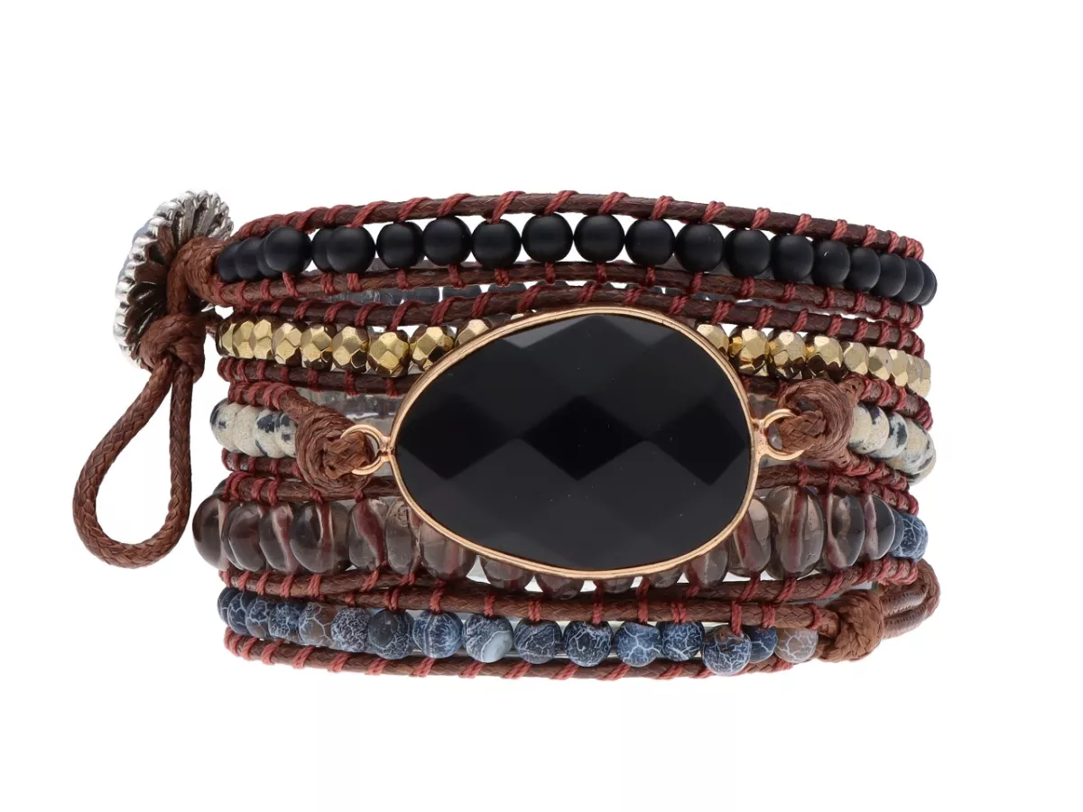 R4W74 BRANSOLETKA 3w1 MIX KAMIENI STAL CHIRURGICZNA I RZEMIEŃ