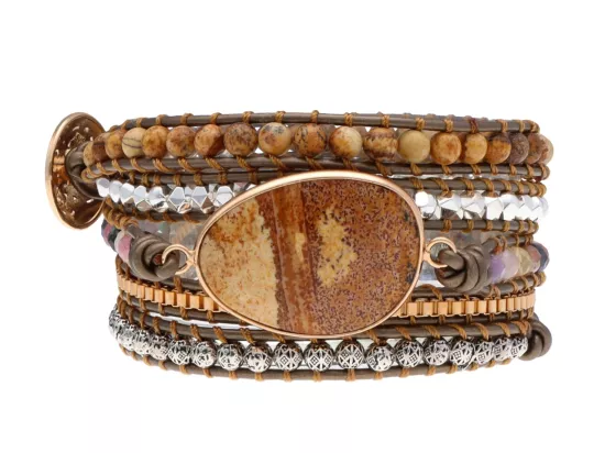 R4W67 BRANSOLETKA 3w1 MIX KAMIENI STAL CHIRURGICZNA I RZEMIEŃ