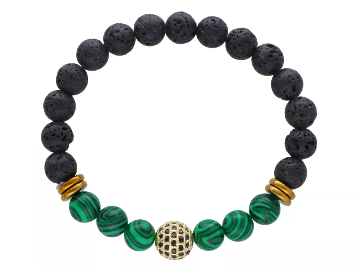 R4N84 BRANSOLETKA LAWA I MALACHIT KULE 8,5 mm