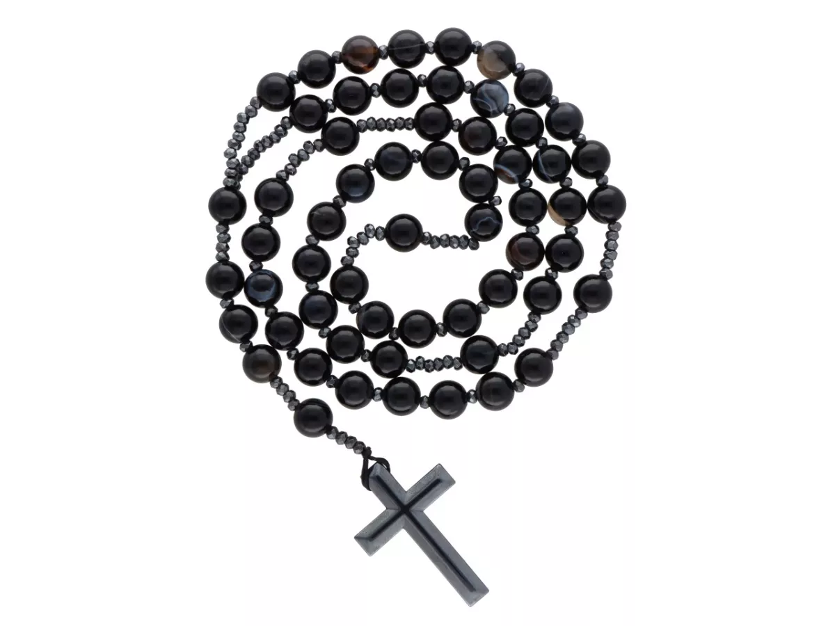 N3L07 NASZYJNIK AGAT CZARNY KULE 8 mm - RÓŻANIEC