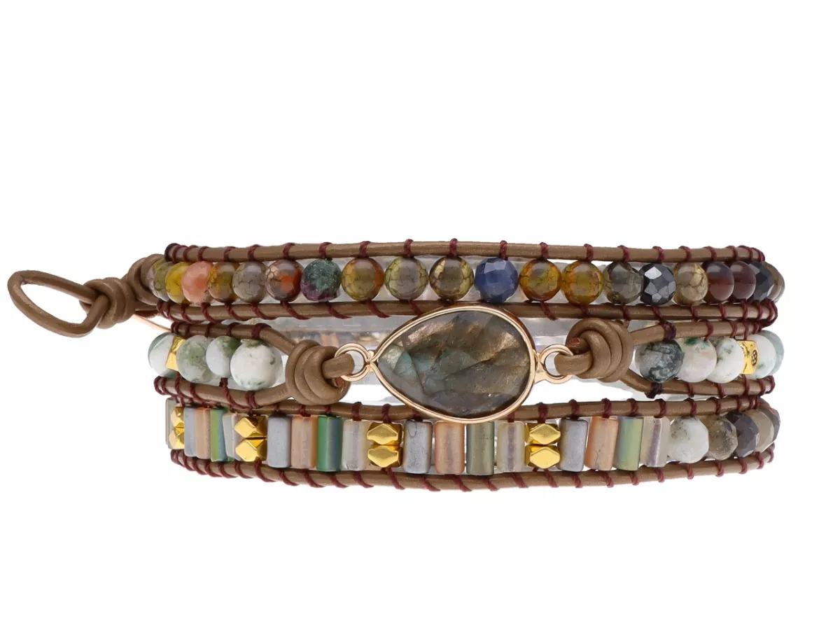 R4W73 BRANSOLETKA 2w1 MIX KAMIENI KRYSZTAŁKI STAL I RZEMIEŃ