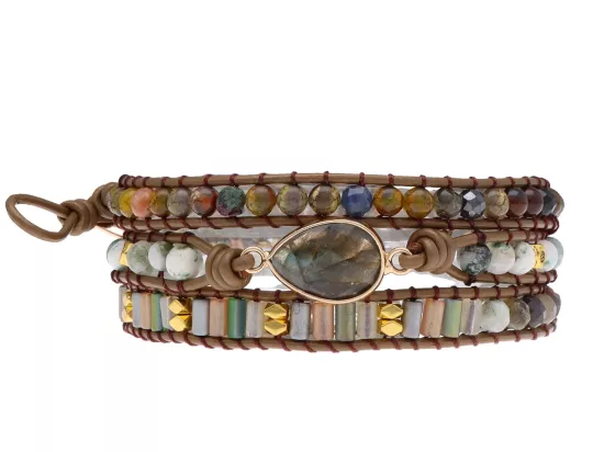 R4W73 BRANSOLETKA 2w1 MIX KAMIENI KRYSZTAŁKI STAL I RZEMIEŃ